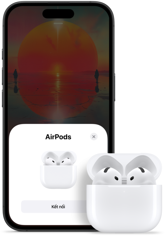 M?t h?p s?c ?ang m? có AirPods 4 bên trong, ??t bên c?nh m?t chi?c iPhone hi?n th? th?ng tin cho bi?t là AirPods 4 ?? ???c k?t n?i.