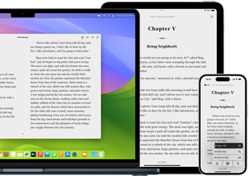 MacBook Pro và iPad Air hi?n th? m?t trang t? cùng m?t quy?n sách ?i?n t? trong ?ng d?ng Sách. Màn hình Apple Watch và iPhone 15 hi?n th? bìa sách t? cùng m?t quy?n sách nói. M?t h?p s?c AirPod Pro ?ang m? cho th?y c? hai tai nghe AirPod Pro.