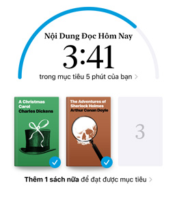 Màn hình iPhone hi?n th? giao di?n M?c Tiêu ??c trong ?ng d?ng Sách. ? phía trên cùng, có m?t vòng ti?n trình dành cho m?c tiêu ??c. Bên d??i vòng ti?n trình là ba bìa sách. Bên d??i bìa sách là dòng th?ng báo r?ng b?n ch? c?n ??c thêm m?t quy?n sách n?a là ??t ???c m?c tiêu ??c xong tám quy?n sách trong n?m 2024.