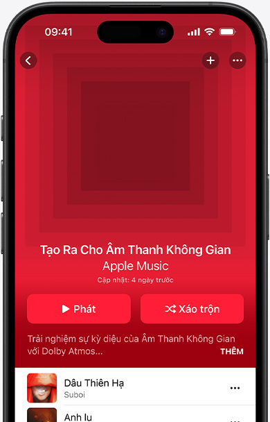 Màn hình iPhone v?i ?nh bìa playlist Dành Cho ?m Thanh Kh?ng Gian trong ?ng d?ng Apple Music