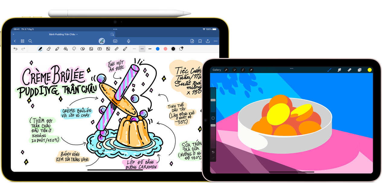 ? bên trái, iPad th? h? th? 10 n?m ngang, hi?n th? hình ?nh có ghi chú và b?n v? cùng Apple Pencil USB-C ???c g?n ? phía trên cùng. ? bên ph?i, iPad mini n?m ngang hi?n th? hình minh h?a ??y màu s?c ???c t?o b?ng ProCreate.