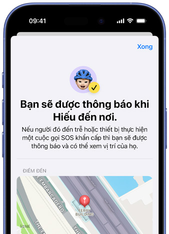 Màn hình iPhone hi?n th? xác nh?n r?ng th?ng báo Tìm ?? ???c thi?t l?p, dòng ch? có n?i dung 'B?n s? ???c th?ng báo khi Pedro ??n', b?n ?? có v? trí ???c ghim n?m ? cu?i màn hình