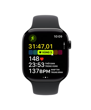 Apple Watch Series 10, Day ?eo Th? Thao Màu ?en, m?t tr??c, giao di?n ng??i dùng hi?n th? n?i dung Bài T?p, Ch?y B? Ngoài Tr?i, Vùng Nh?p Tim