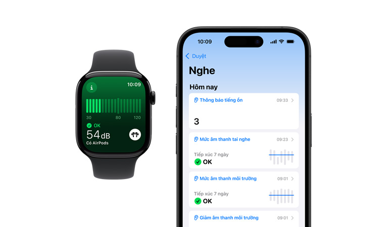 Apple Watch Series 10, Day ?eo Th? Thao màu ?en, giao di?n ng??i dùng hi?n th? s? ?o ti?ng ?n, bên c?nh là iPhone 16, giao di?n ng??i dùng hi?n th? n?i dung Thính Giác, m?c ?m Thanh M?i Tr??ng, và M?i Tr??ng