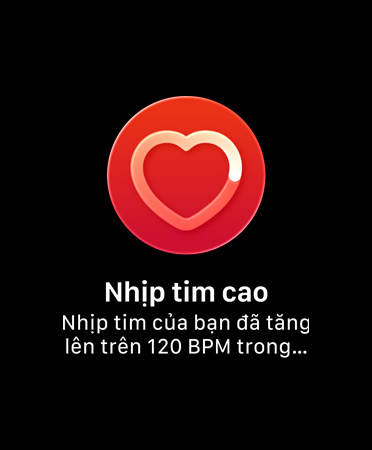 Giao di?n ng??i dùng c?a Th?ng Báo Nh?p Tim Cao có n?i dung: 'Nh?p Tim Cao Nh?p tim c?a b?n ?? t?ng lên trên 120 BPM trong khi b?n d??ng nh? kh?ng ho?t ??ng trong 10 phút, b?t ??u t? lúc 9:59'