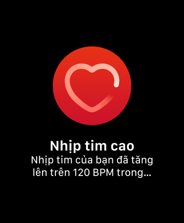 Giao di?n ng??i dùng c?a Th?ng Báo Nh?p Tim Cao có n?i dung: 'Nh?p Tim Cao Nh?p tim c?a b?n ?? t?ng lên trên 120 BPM trong khi b?n d??ng nh? kh?ng ho?t ??ng trong 10 phút, b?t ??u t? lúc 9:59'