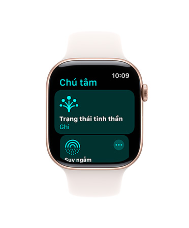 Apple Watch Series 10, Day ?eo Th? Thao màu tr?ng, m?t tr??c, giao di?n ng??i dùng hi?n th? n?i dung Chú Tam, Tr?ng Thái Tinh Th?n, B?n Ghi