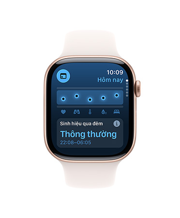 Apple Watch Series 10, day ?eo Th? Thao màu tr?ng, giao di?n ng??i dùng hi?n th? n?i dung Sinh Hi?u, Nhi?t ?? C? Tay, bên c?nh ?ó là Apple Watch Series 10 th? hai, day ?eo th? thao màu ?en, giao di?n ng??i dùng hi?n th? n?i dung Sinh Hi?u, Nhi?t ?? C? Tay, Nh?p Tim, Phan Tích