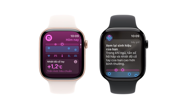 Apple Watch Series 10, day ?eo Th? Thao màu tr?ng, giao di?n ng??i dùng hi?n th? n?i dung Sinh Hi?u, Nhi?t ?? C? Tay, bên c?nh ?ó là Apple Watch Series 10 th? hai, day ?eo th? thao màu ?en, giao di?n ng??i dùng hi?n th? n?i dung Sinh Hi?u, Nhi?t ?? C? Tay, Nh?p Tim, Phan Tích