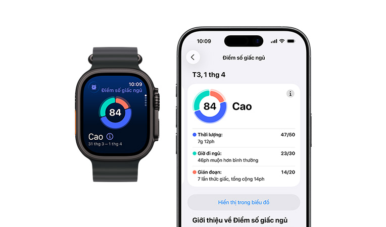 Apple Watch Series 11, aluminum case, rose gold color, sleep score circle graph and rating, right side exterior: Digital Crown, light blush Sport Band, full sleep analysis open on paired iPhone