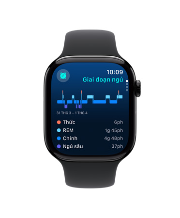 M?t tr??c c?a Apple Watch Series 10, Day ?eo Th? Thao màu ?en, giao di?n ng??i dùng hi?n th? n?i dung Ng?, Các Giai ?o?n Ng?, Phan Tích và Th?i Gian Ng?