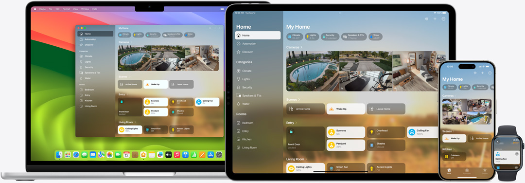 Giao di?n ng??i dùng c?a ?ng d?ng Nhà hi?n th? trên máy Mac, iPad, iPhone và Apple Watch.