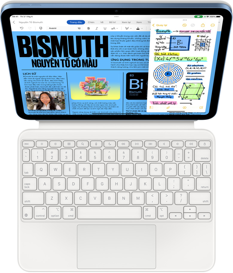 iPad g?n v?i Magic Keyboard Folio, màn hình hi?n th? SlideOver v?i Microsoft Word và Ghi chú, cu?c g?i FaceTime ?ang di?n ra cùng lúc.