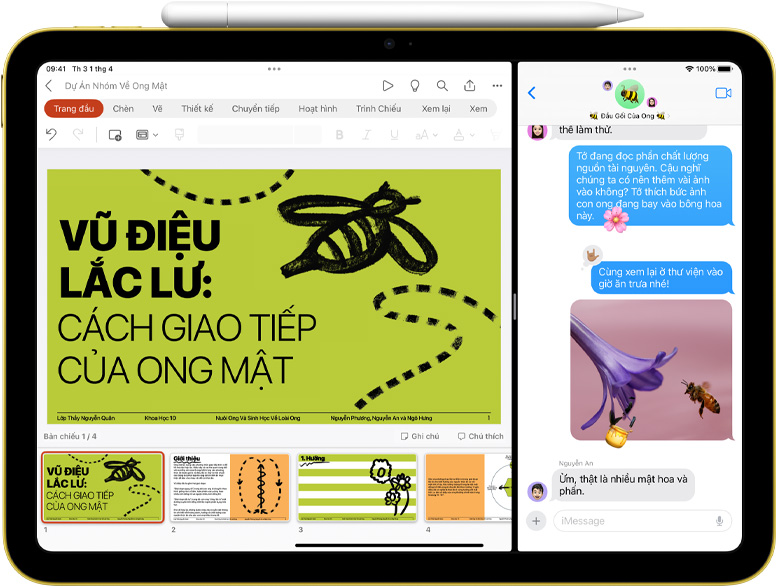Split View c?a Powerpoint và Tin Nh?n trên iPad v?i Apple Pencil ???c g?n k?t b?ng nam cham