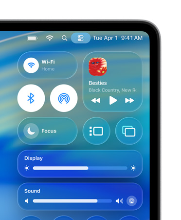 Phía bên ph?i c?a màn hình máy Mac hi?n th? các nút ?i?u khi?n tùy ch?nh d?ng Liquid Glass, ch?ng h?n nh? Wi-Fi và Bluetooth, trong Trung Tam ?i?u Khi?n