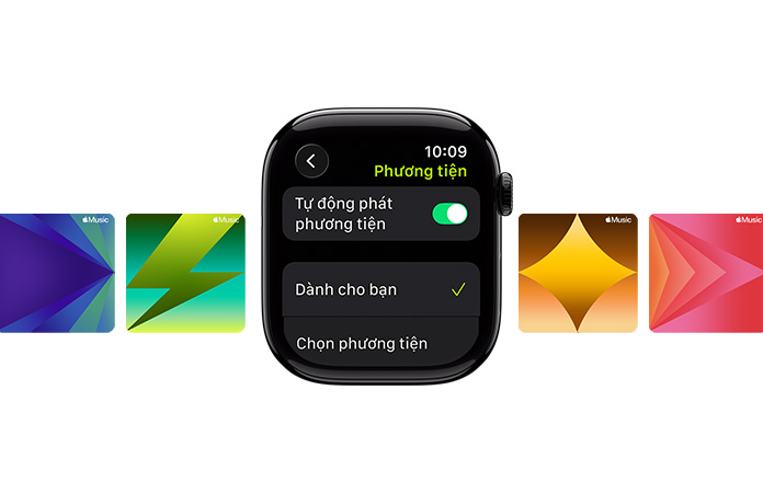 Apple Watch ? gi?a màu ?en Bóng, kh?ng có day ?eo, v?i các tùy ch?n ph??ng ti?n Dành Cho B?n và Ch?n trên m?t ??ng h?, v?i ??p Xe Ngoài Tr?i b?ng ch? màu xanh lá cay ? trên cùng v?i hình n?n Apple Music tùy ch?nh ? n?n
