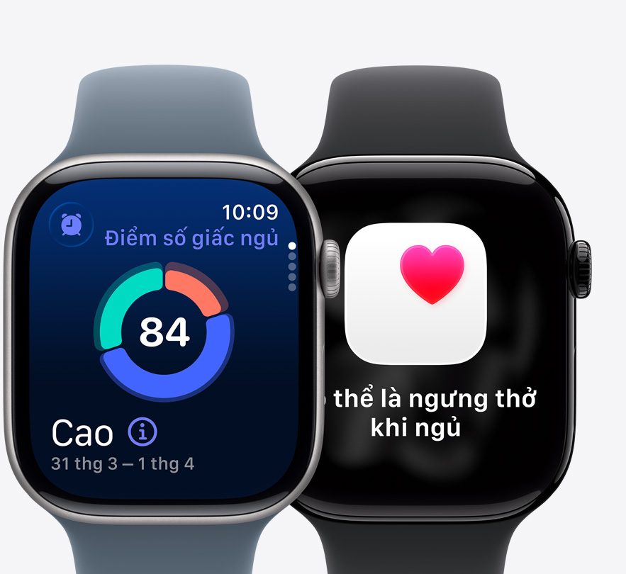M?t tr??c c?a hai chi?c Apple Watch Series 10 hi?n th? màn hình Các Giai ?o?n Ng? và th?ng báo Có Th? Ng?ng Th? Khi Ng?.