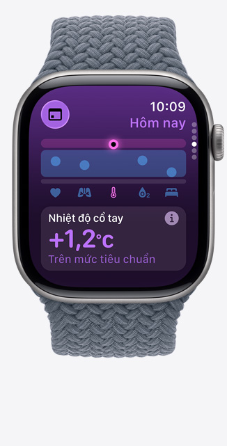 Góc chính di?n màn hình ?ng d?ng Sinh Hi?u trên Apple Watch Series 10 cho th?y các ch? s? s?c kh?e qua ?êm ? m?c bình th??ng